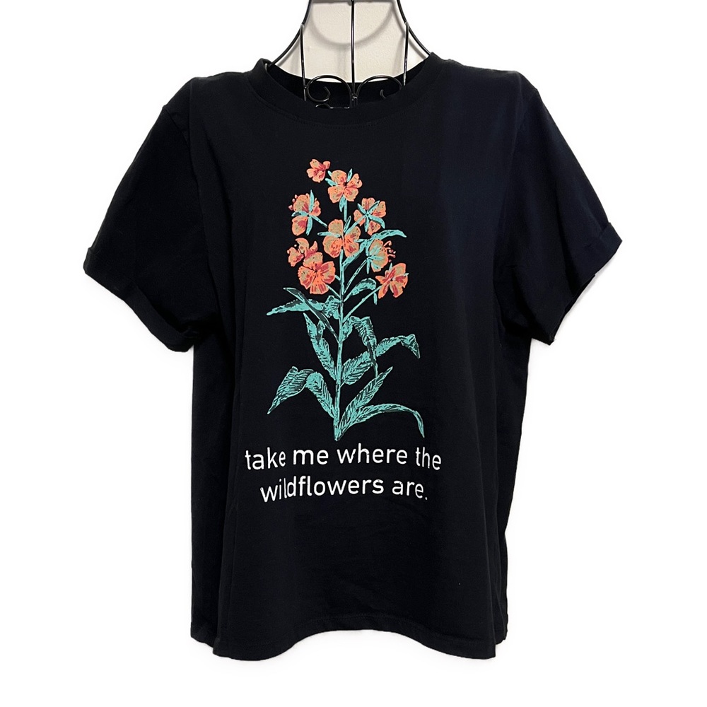 Love Peace & Lazy Days Black Graphic Wildflower Short Sleeve Tee, Size Large